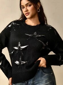 Nubod Plus Size Black & White Pentagram Hollow-Out Jacquard Distressed Ripped Crew Neck Long Sleeve Knit Base Layer Sweater - Black - View 1