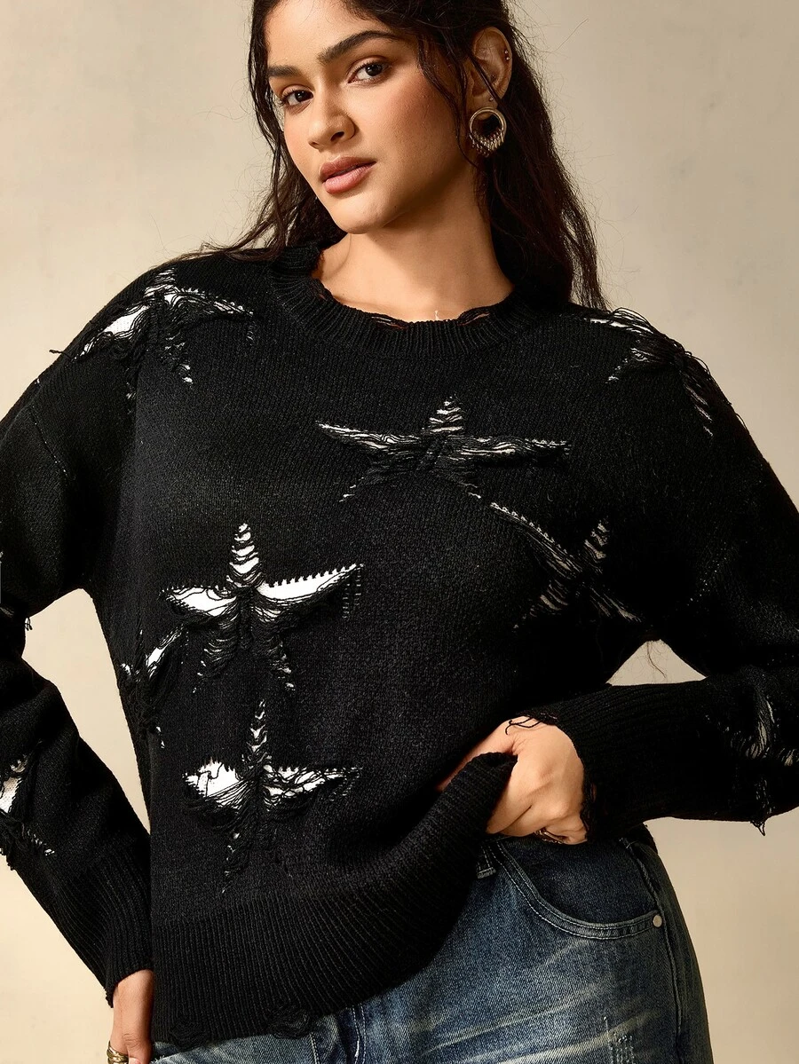 Nubod Plus Size Black & White Pentagram Hollow-Out Jacquard Distressed Ripped Crew Neck Long Sleeve Knit Base Layer Sweater - Black - View 1