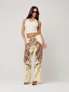 Musera Petite Lace Up Straight Leg Printed Jeans Autumn Winter Back To School Daily Everyday - Multicolor - View 1