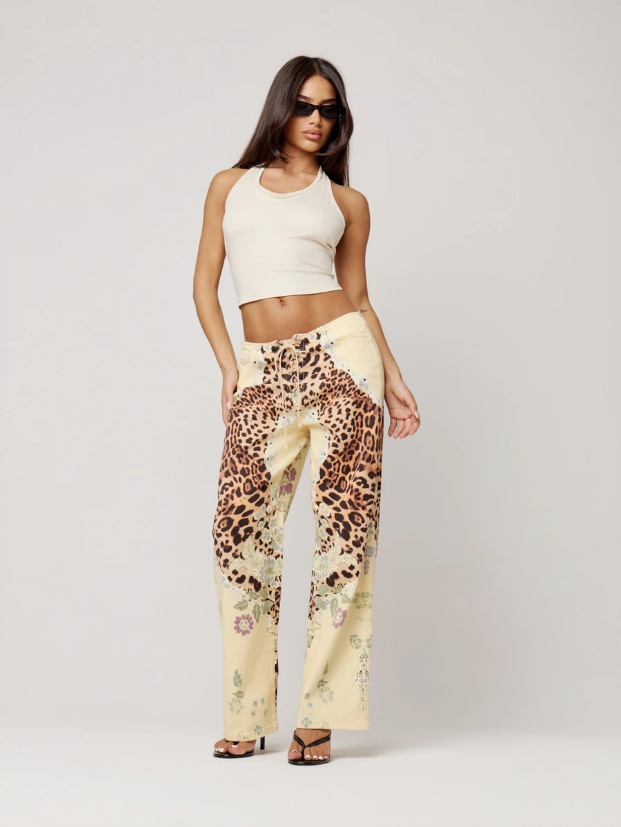 Musera Petite Lace Up Straight Leg Printed Jeans Autumn Winter Back To School Daily Everyday - Multicolor - View 1