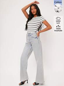 SHEIN BASICS 女款圓領條紋休閒日常短袖連身衣 - 黑與白 - 查看 4