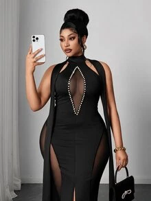 Maweii Plus Size Goddess Sexy Black High Neck Halter Neck Tie-Up Fitted Long Dress With Sheer Mesh, Rhinestone Decor, Draped Ribbon, Side Patchwork Semi-Sheer Mesh Design For Cocktail Party, Birthday, Ball, Nightclub, Evening Banquet - Black - View 4
