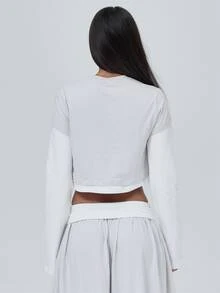 MUSERA Double Layered Long Sleeve Cropped Crewneck Tee Fall Autumn Winter Cute City Holiday Coolgirl Back To School Blancs - Grey - View 5