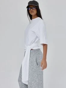 MUSERA Crewneck Loose Boxy Fit Cinched Tie Waist Tshirt Tee Fall Autumn Winter Coolgirl Back To School Blancs - White - View 4