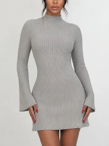 Selianne Women's Flare Sleeve A-Line Cinched Cinched Waist Elegant Design Sweater Dress - Light Grey - View 5