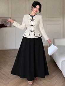 Modelyn Women's Black & White Colorblock Cinched Waist Jacket & Midi Skirt 2 Pieces Set - Black and White - View 8