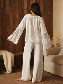 Lullawish Bohemian Round Neck Pullover Lace Flare Women's Pajama Set - White - View 2