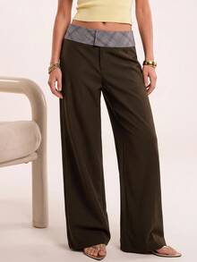 Avantive Women's Waist Patchwork Plaid Wide Leg Loose Long Pants - Coffee Brown - View 5