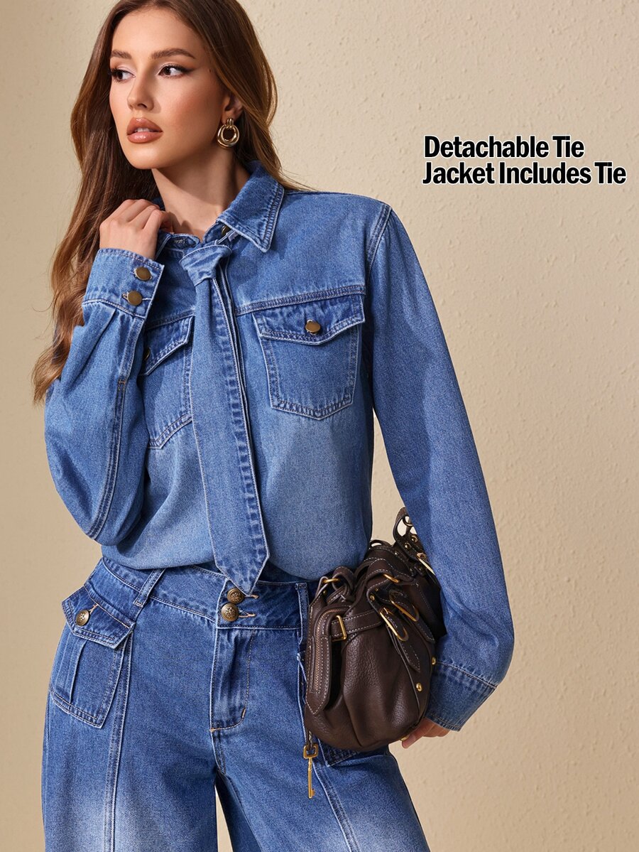 Selenza Women's Fashion Versatile Button Long Sleeve Denim Jacket - Blue - View 1