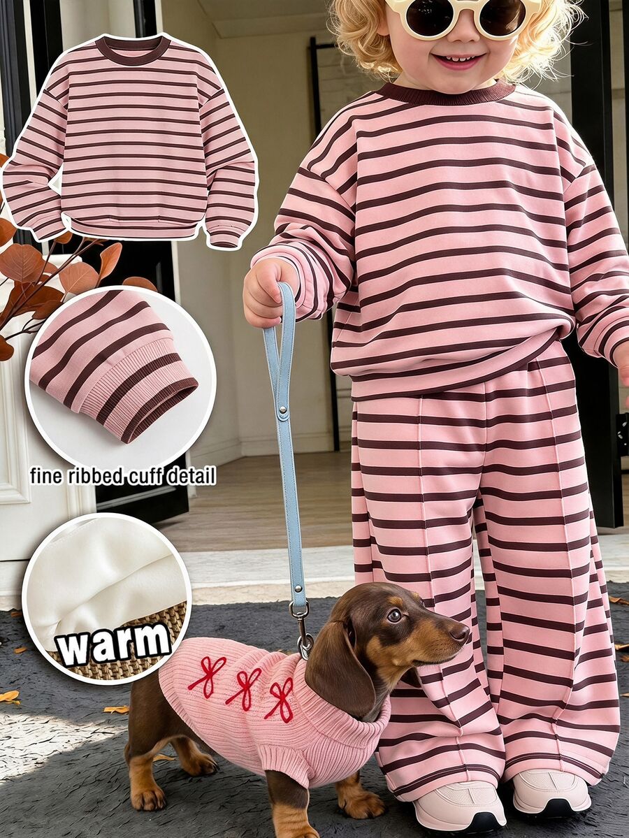 Young Girl Casual Thick Soft Round Neck Striped Sweatshirt Suitable For Autumn/Winter Streetwear - Multicolor - View 1