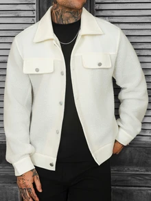 Manfinity CasualCool Men's Patchwork Wool Solid Color Button Long Sleeve Coat, Autumn Clothing, Winter - White - View 6
