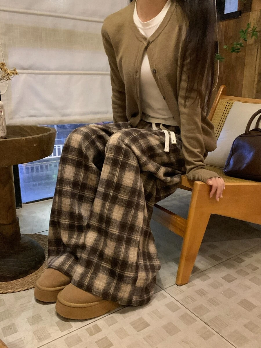 DAZY Women's Plaid Loose Casual Korean Style Long Pants - Coffee Brown - View 1