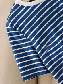 Story & Sage 休閒居家與度假女款 T-shirt，春夏寬鬆條紋蕾絲飾邊拼接短袖上衣 - 寶藍色 - 查看 5