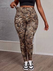 Slaydiva Plus Size Women Zebra & Leopard Print High Waist Casual Leggings - Brown - View 5
