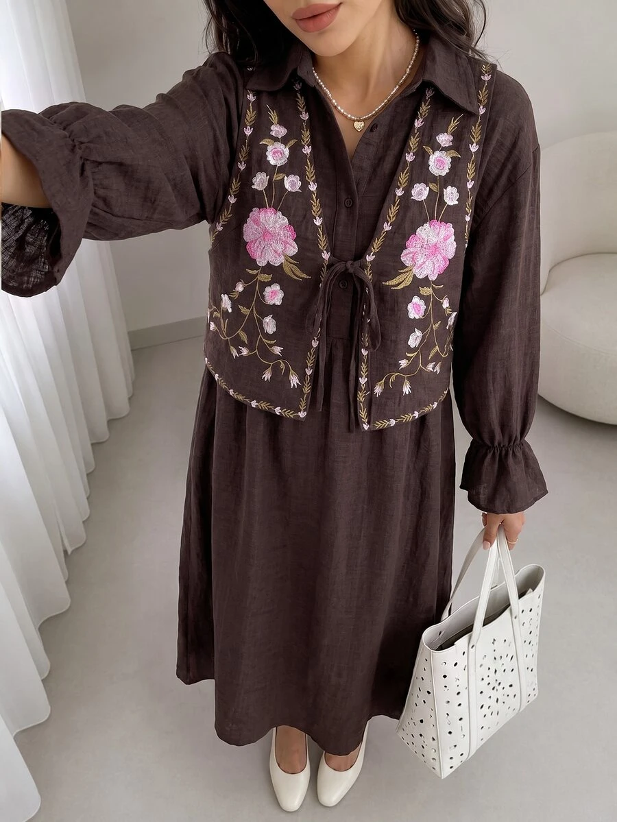 Solavon 女款花卉刺繡背心與純色洋裝休閒兩件套 - 咖啡棕 - 查看 1