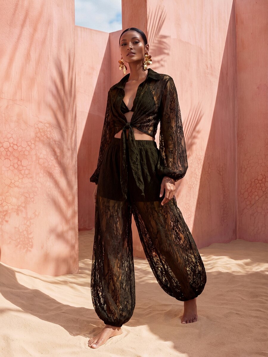 Zivah Women's Elegant Lace Sheer Blouse And Lantern Pants 2 Pieces Set For Beach Party - Brown - View 1