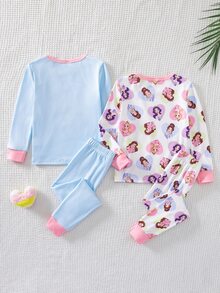 SHEIN 【隨機6款，1套發貨】女童幼兒居家睡衣套裝，長袖長褲，兔子愛心蝴蝶結波點花朵卡通印花，四季適用，居家或戶外玩耍，柔軟親膚貼身 - 彩色 - 查看 2