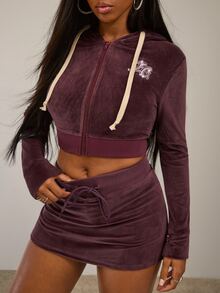 SHEIN BAE Jaket Pendek Atasan Halloween Motif Huruf Bordir Rhinestone, Celana Panjang Berkerudung Lengan Panjang Beludru Warna Ungu Tua Musim Gugur/Dingin - Red Violet - View 6