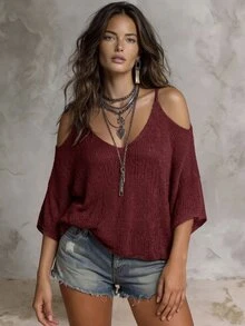 Solivie Women's Vacation Casual Colorblock Striped Cold Shoulder Spaghetti Strap Sweater - Burgundy - View 4