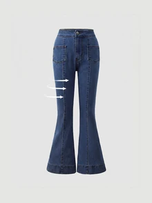 SHEIN Tween Girl) Denim Jeans New All-Season Casual Fashion Minimalist Versatile Front Patch Pocket + Center Distressed Design Washed Light Blue Stretch Flare Jeans - Dark Wash - View 3