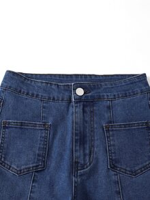 SHEIN Tween Girl) Denim Jeans New All-Season Casual Fashion Minimalist Versatile Front Patch Pocket + Center Distressed Design Washed Light Blue Stretch Flare Jeans - Dark Wash - View 4