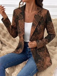SHEIN Clasi 女款優雅秋季格紋西裝外套，長袖百搭休閒通勤經典格紋夾克 - 棕色 - 查看 4
