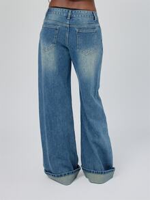 MUSERA Washed Mid Rise Turn Up Hem Loose Fit Jeans Fall Autumn Winter Coolgirl Back To School Blancs - Dark Wash - View 4