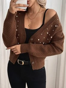 SHEIN كارديجان نسائي بأكمام طويلة أنيق مزين بالخرز محبوك للخريف/الشتاء - قهوة بني - مشاهدة 3