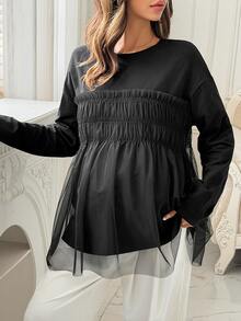 Dazy Maternity Contrast Mesh Loose Long Sleeve Round Neck Casual Vacation Spring Autumn Maternity T-Shirt - Black - View 3