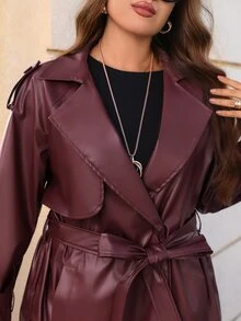 EMERY ROSE Plus Size Women's Elegant Autumn/Winter PU Solid Color Burgundy Long Trench Coat - Burgundy - View 4