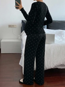 DAZY Contrast Polka Dot Button-Front Long Sleeve T-Shirt And Straight Leg Pants Casual Daily Home Wear Spring Autumn Maternity 2 Pieces Set - Black - View 2
