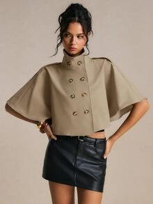 Poéselle 女款純色雙排扣休閒披肩式風衣 - 卡其色 - 查看 8