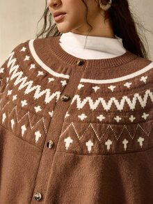 Nubod Plus Size Vintage Geometric Jacquard Loose Cape Knit Sweater - Camel - View 6