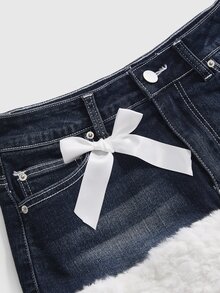 ROMWE Rok Mini Denim Patchwork Bulu Kelinci Musim Gugur/Dingin Wanita Gaya Y2K Hot Girl - MultiWarna - View 3