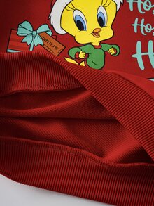 LOONEY TUNES X SHEIN كنزة رياضية طويلة الأكمام بطباعة كرتونية وحروف كاجوال للاستخدام اليومي للأطفال الذكور - الأحمر - مشاهدة 7
