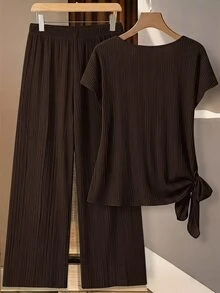SHEIN Clasi 休閒極簡風棕色克ريب編織紋理面料女款襯衫，附領結蝴蝶結與寬鬆直筒長褲 2 件套，適合春秋季節 - 棕色 - 查看 2