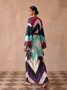 Zivah New Elegant Women's Multi-Color Totem Print Robe-Style Long Cover-Up With Tie, Suitable For Multiple Occasions, Elegant Women's Beach Vacation Versatile Commute - Multicolor - View 2