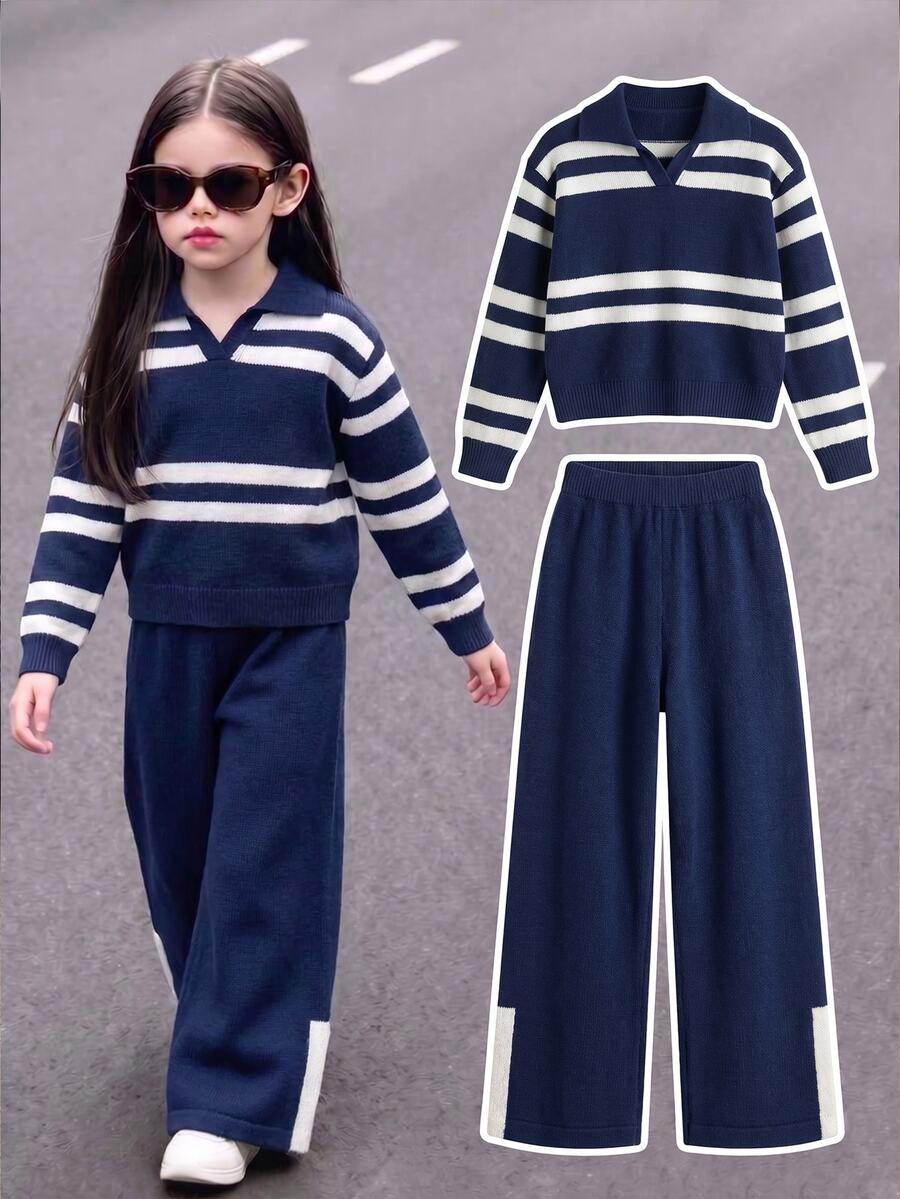 SHEIN Explorewe Girls' Autumn/Winter Casual Knit 2 Pieces Set, Color Block Striped Polo Sweater + Wide Leg Pants - Multicolor - View 1