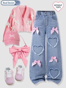 SHEIN Celana Jeans Denim Gaya Y2K untuk Anak Perempuan, Desain Pita Pink dengan Motif Hati dan Jumbai, Pinggang Elastis, Pas Nyaman, Gaya Minimalis Modis dan Serbaguna, Cocok untuk Semua Musim - Light Wash - View 1
