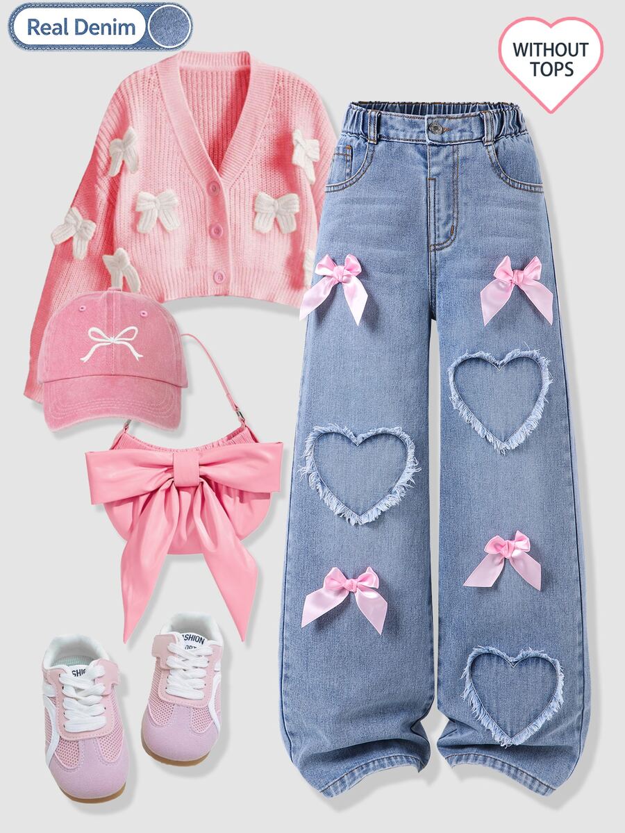 SHEIN Celana Jeans Denim Gaya Y2K untuk Anak Perempuan, Desain Pita Pink dengan Motif Hati dan Jumbai, Pinggang Elastis, Pas Nyaman, Gaya Minimalis Modis dan Serbaguna, Cocok untuk Semua Musim - Light Wash - View 1