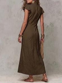 Solivie Women's Solid Color Pleated Elegant Waist-Cinched Long Dress For Party And Gathering - Coffee Brown - View 2