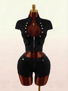 Amplova Women's U-Neck Sexy Avant-Garde Button Detail Set, Suitable For Daily Wear, Distressed Style Halloween Night Out Going Out Club Black Summer - Black - View 2