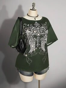 SHEIN CURVE+ 深綠色布料骷髏印花上衣，2026夏季常規大尺碼 22W 女款萬聖節服裝，適合夜晚外出、度假、Y2K、Kawaii、90年代風格 - 軍綠色 - 查看 8