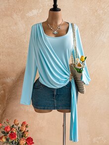 Soleia Women's Plus Size Long Sleeve Designer Vacation T-Shirt, Autumn/Winter - Blue - View 1