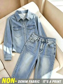 INAWLY Fashionable Minimalist Casual Denim Effect Print Single-Breasted Shirt And Pants 2 Pieces Set - Blue - View 1
