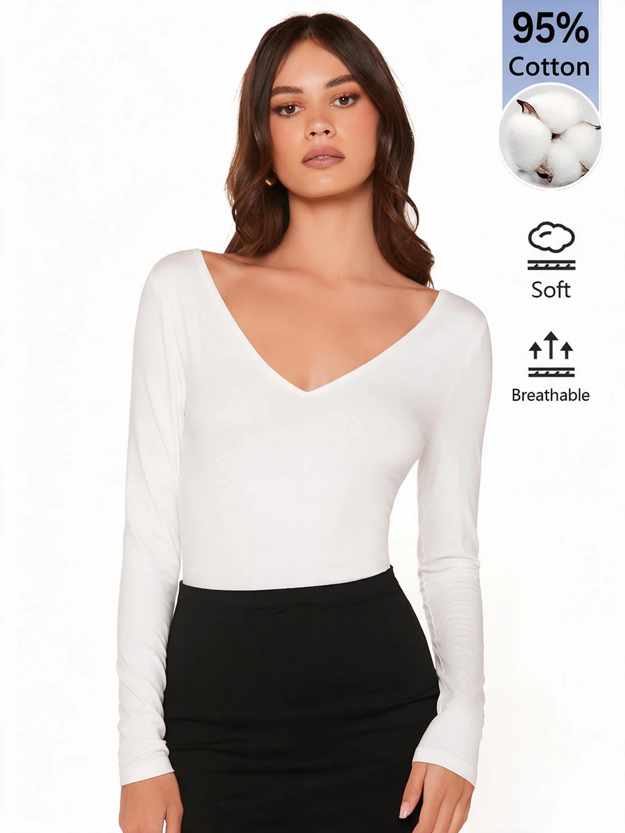 SHEIN BASICS 女款純色極簡長袖T恤,適合日常穿著 - 白色 - 查看 1