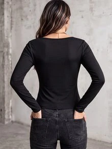 SHEIN Franclia Women's Square Neck Long Sleeve Knit T-Shirt, Fitted Short Length Textured Patchwork Slimming Inner Layer Top - Black - View 3