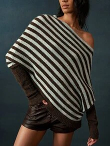 Bohemela Vintage Asymmetrical Colorblock Knit Pullover Sweater Shawl - Multicolor - View 3