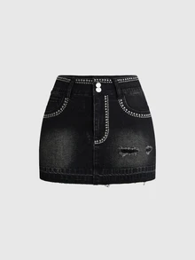ROMWE Women's Y2K Party Hot Girl Sequin Black Denim Skirt - Black - View 2