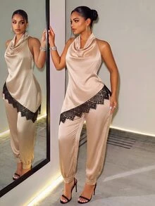 BamGleam Champagne Satin Draped Neck Cowl Neck Set For Women, Asymmetrical Lace Trim Top And Cuffed Lantern Pants 2 Pieces Set - Champagne - View 3